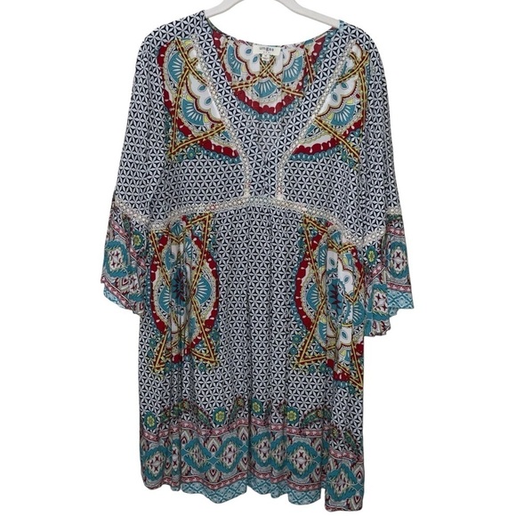Umgee Dresses & Skirts - Umgee Medallion Tribal Print 3/4 Ruffle Sleeve Boho Dress Navy White Cream Aqua